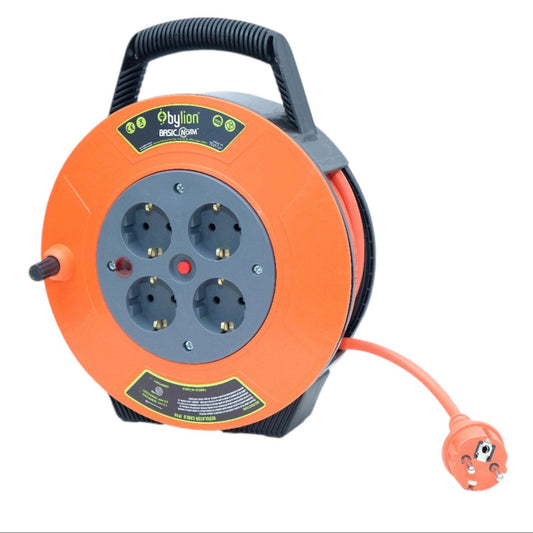 Compact rollable extension cable reel / cable drum, 10m 4 sockets IP20, thermal / child safety, 3x1mm2, SCHUKO type, PKE-10310-F