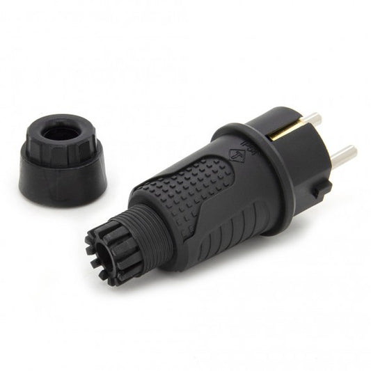 Black rubber plug IP54, 250v 16a per cable, Uni-Schuko (double earthing), 2P+E, REF, Bylion