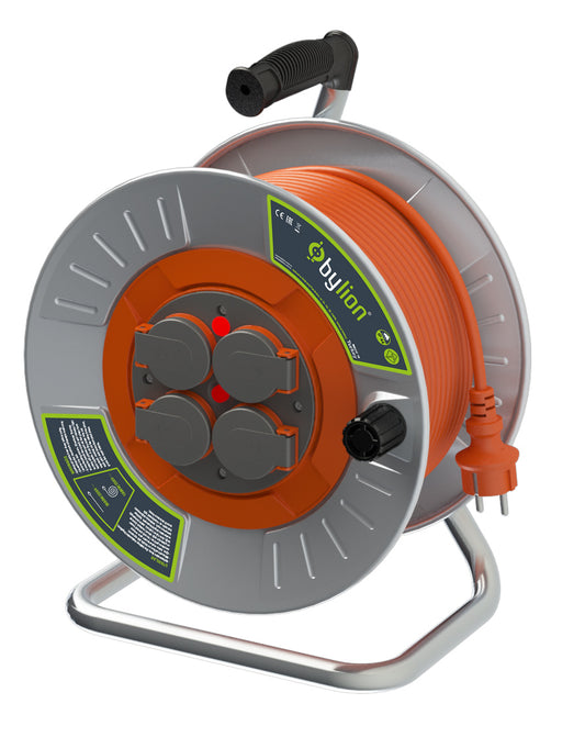 Professional metal reel with copper cable 3x2,5 mm2, IP44 with overload protection, current 16 A Schuko type with 4 sockets, length 50M, cable colour: orange
