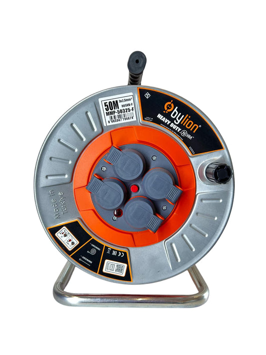 Professional metal reel with copper cable 3x2,5 mm2, IP44 with overload protection, current 16 A Schuko type with 4 sockets, length 50M, cable colour: orange