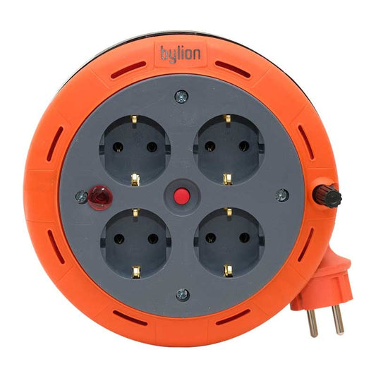 Compact cassette roller extension cable, 5m cable with 4 sockets IP20 + thermal fuse + child fuse, 3x1mm2, SCHUKO type earthing , PHE-05310-F