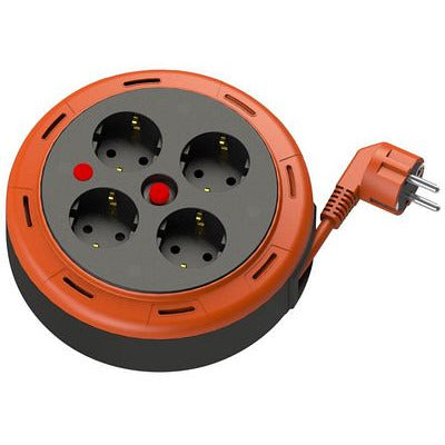 Compact cassette roller extension cable, 5m cable with 4 sockets IP20 + thermal fuse + child fuse, 3x1mm2, SCHUKO type earthing , PHE-05310-F