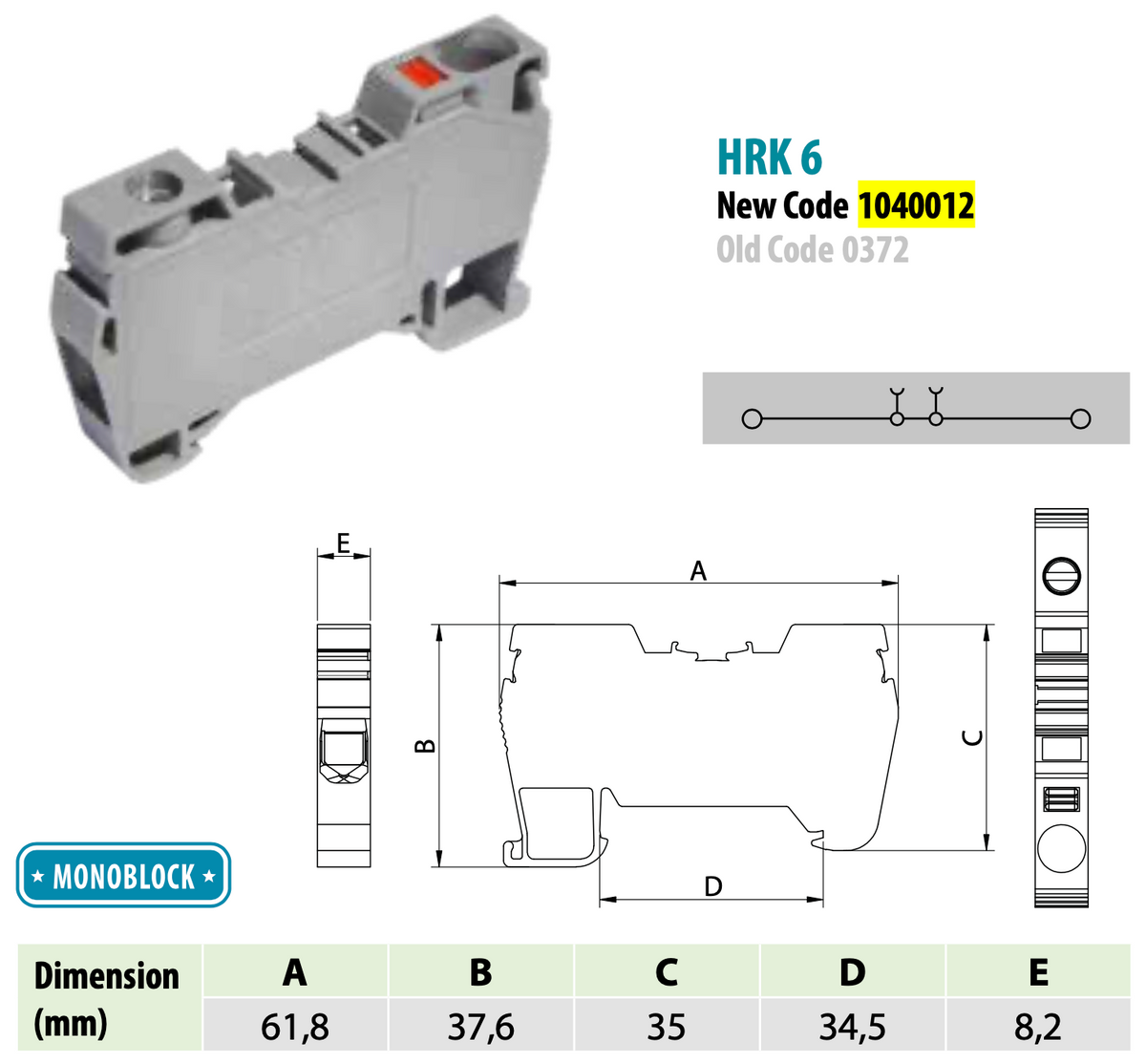 ONKA 6mm2 Hybrid Scriú/Conneáil Réilí Spring Bloc Téarmail DIN Bloc Téarmail 2-chonair gorm, 1040012