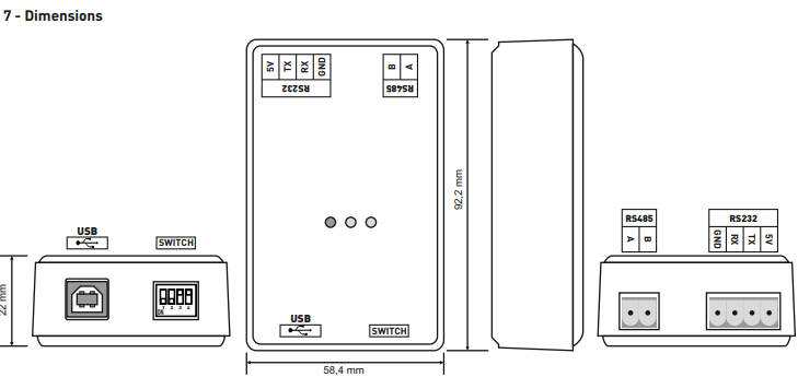 Modbus interface converter RS485 to RS232 to PC via USB