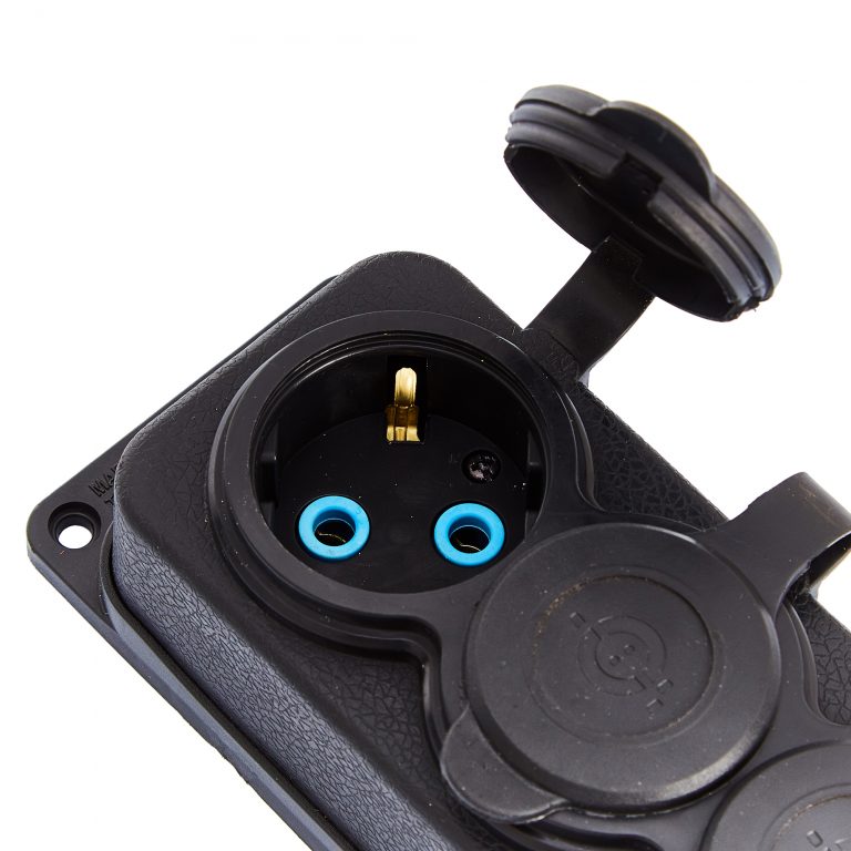 4x socket rubair "rubair" dubh le clúdach hermetic IP44, 250V, 16A, SCHUKO 2P+Z, 4KMP-F, Bylion