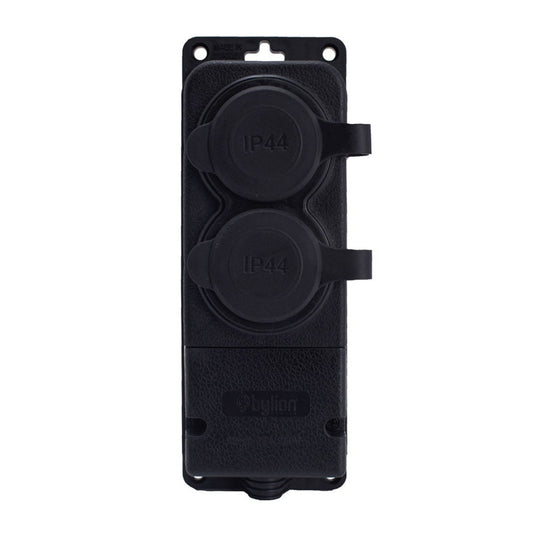 Double rubber socket black hermetic surface mounted 250V, 16A, IP44, SCHUKO 2P+Z, 2KMP-F, Bylion