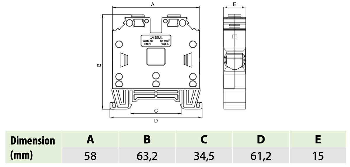 ONKA 35mm2 Screw rail connector terminal block DIN rail terminal 2-wire blue, 1010085