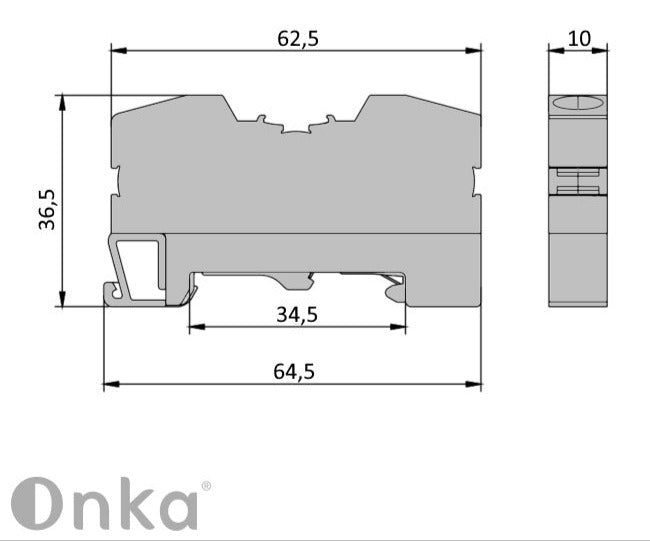 ONKA 10mm2 PE spring rail connector terminal block DIN rail terminal 2-wire liath, 1020300