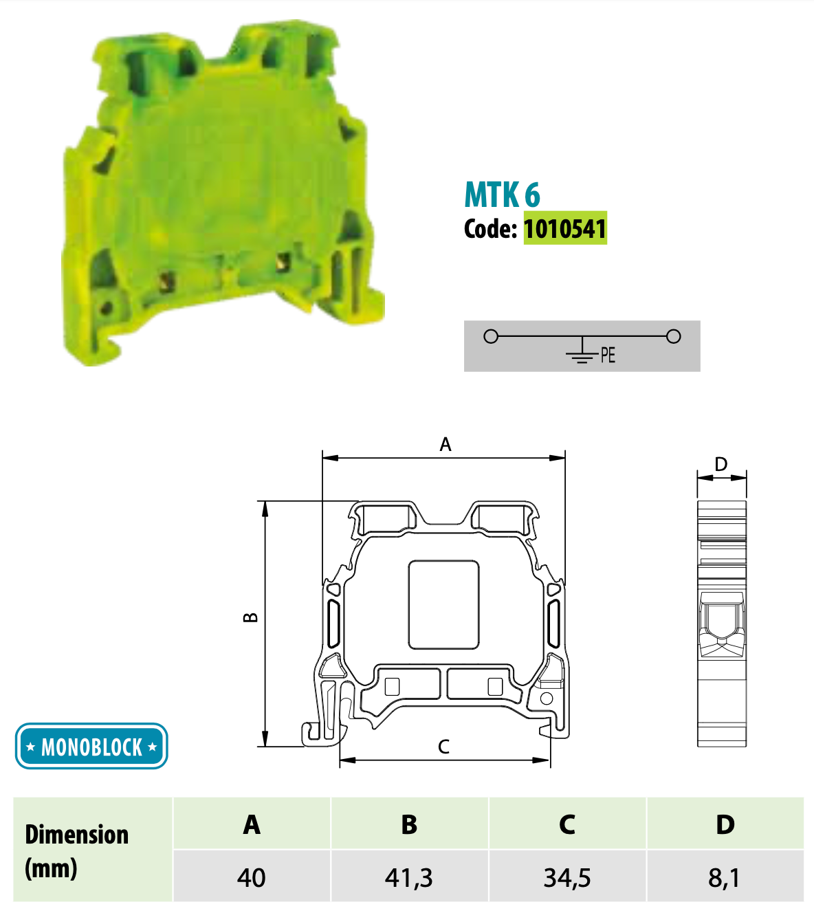 ONKA 6mm2 PE Screw rail connector terminal block DIN rail terminal 2-wire grey, 1010541