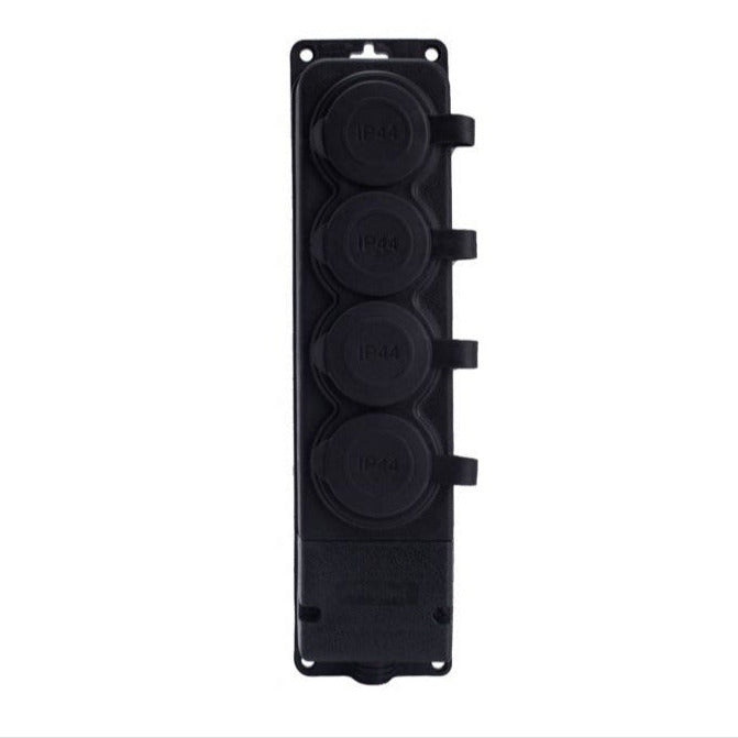 4x socket rubair "rubair" dubh le clúdach hermetic IP44, 250V, 16A, SCHUKO 2P+Z, 4KMP-F, Bylion