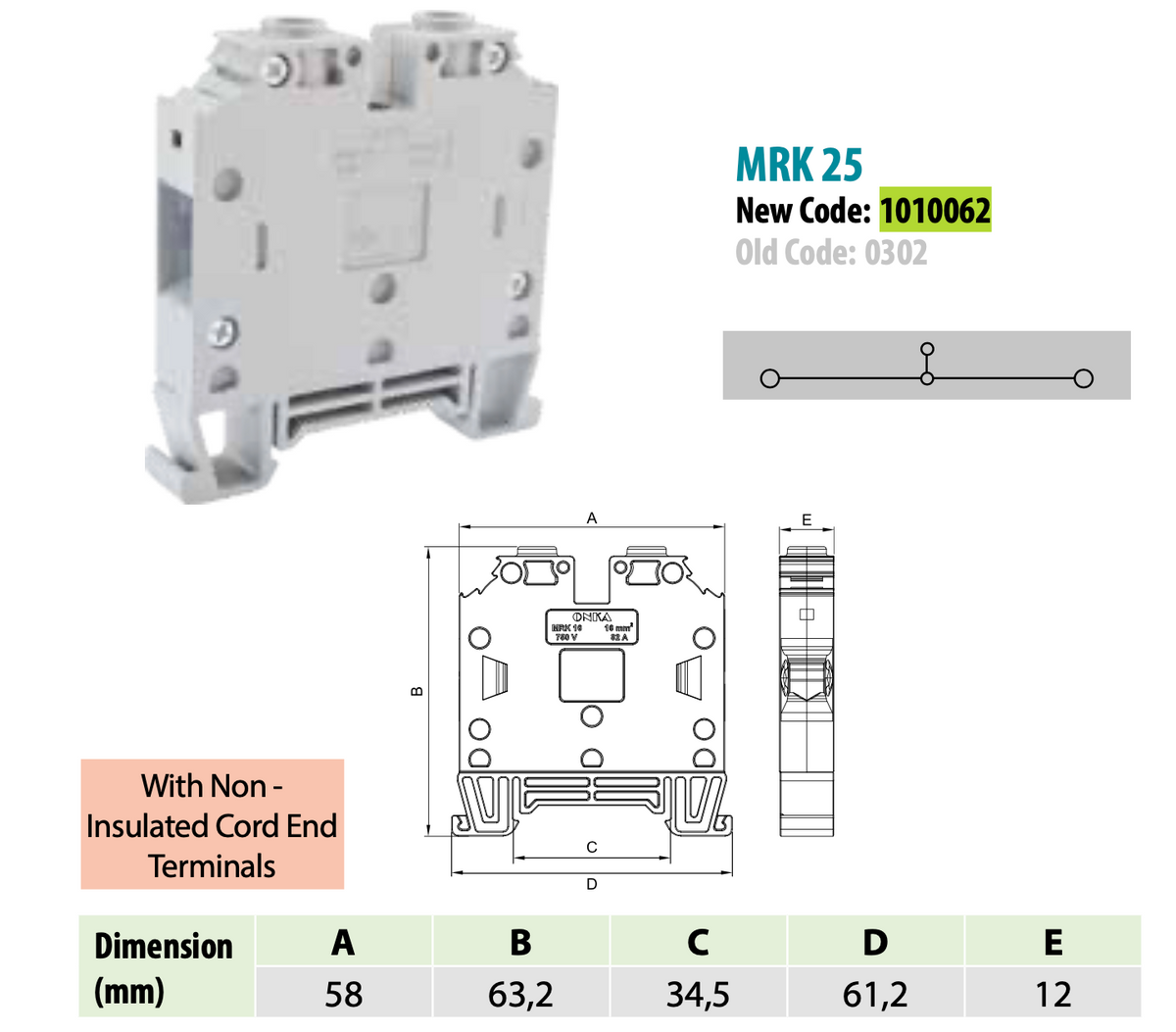 ONKA 25mm2 Screw rail connector terminal block DIN rail terminal 2-wire grey, 1010062