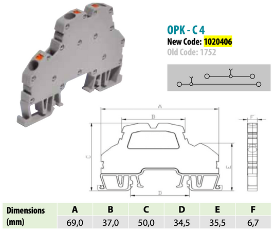 ONKA 4mm2, 2 tier spring rail connector terminal block DIN rail terminal 4-wire grey, 1020406