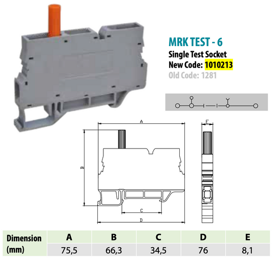 ONKA 6mm2 Screw rail connector terminal block with test terminal on DIN rail 2-wire grey, 1010213