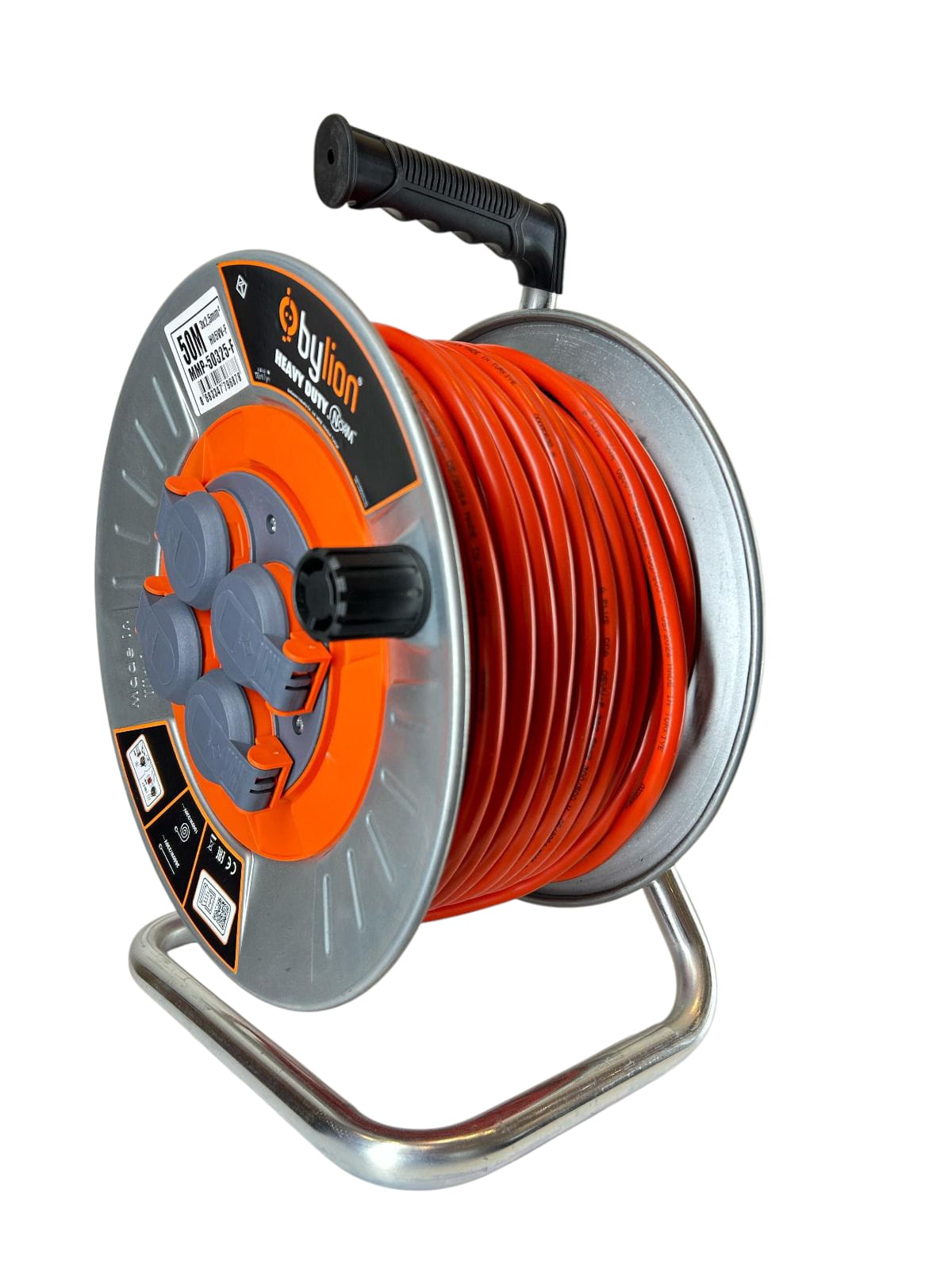 Professional metal winch with copper cable 3x2,5 mm2, IP44 with overload protection, current 16 A French type with 4 sockets, length 50M, cable colour: orange