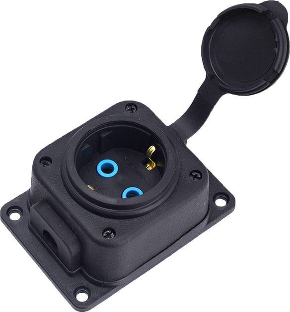 Dubh "rubber" socket suiteáilte ar dhromchla 250V, 16A, IP44, SCHUKO 2P+Z, 1KMP-F, Bylion