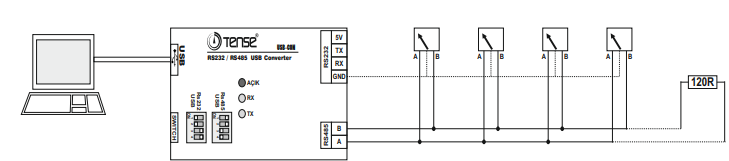 Modbus interface converter RS485 to RS232 to PC via USB