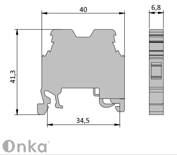 ONKA 4mm2 PE scriú raon comhoiriúnachta bloic téarma DIN raon téarma 2-sreang liath, 1010220